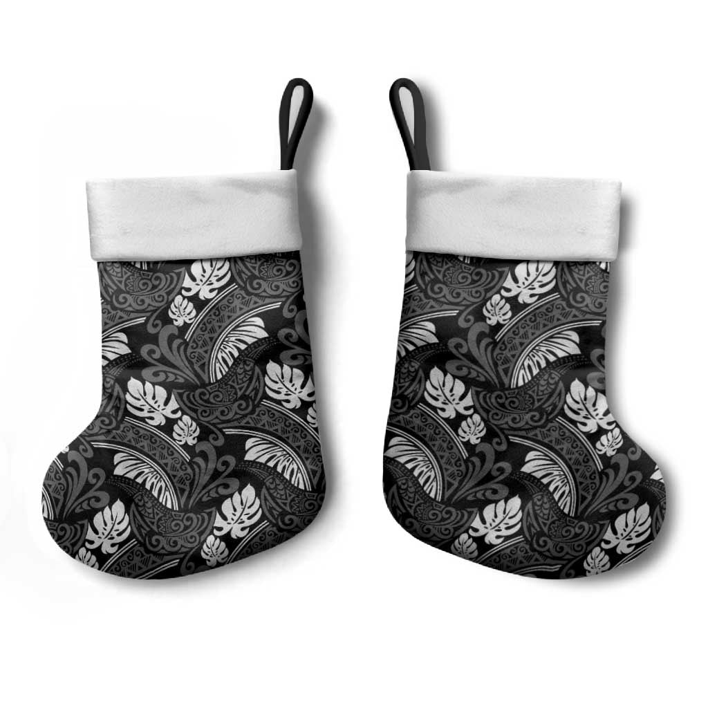 Grayscale Monstera Christmas Stocking Polynesian Tribal Pattern - Polynesian Pride