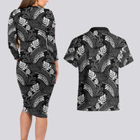 Grayscale Monstera Couples Matching Long Sleeve Bodycon Dress and Hawaiian Shirt Polynesian Tribal Pattern - Polynesian Pride