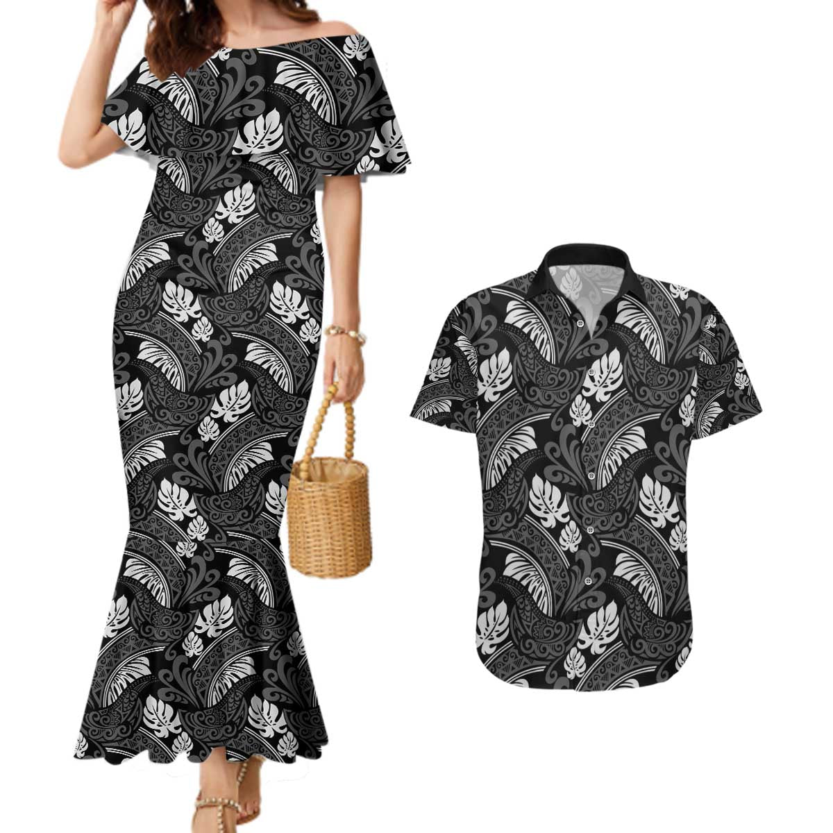 Grayscale Monstera Couples Matching Mermaid Dress and Hawaiian Shirt Polynesian Tribal Pattern - Polynesian Pride