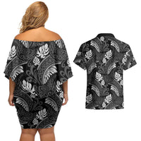 Grayscale Monstera Couples Matching Off Shoulder Short Dress and Hawaiian Shirt Polynesian Tribal Pattern - Polynesian Pride