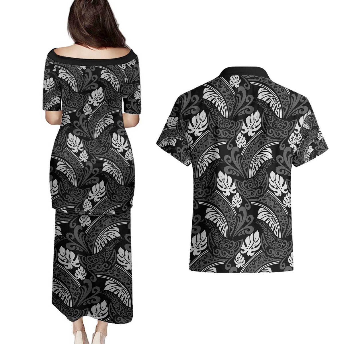 Grayscale Monstera Couples Matching Puletasi and Hawaiian Shirt Polynesian Tribal Pattern - Polynesian Pride