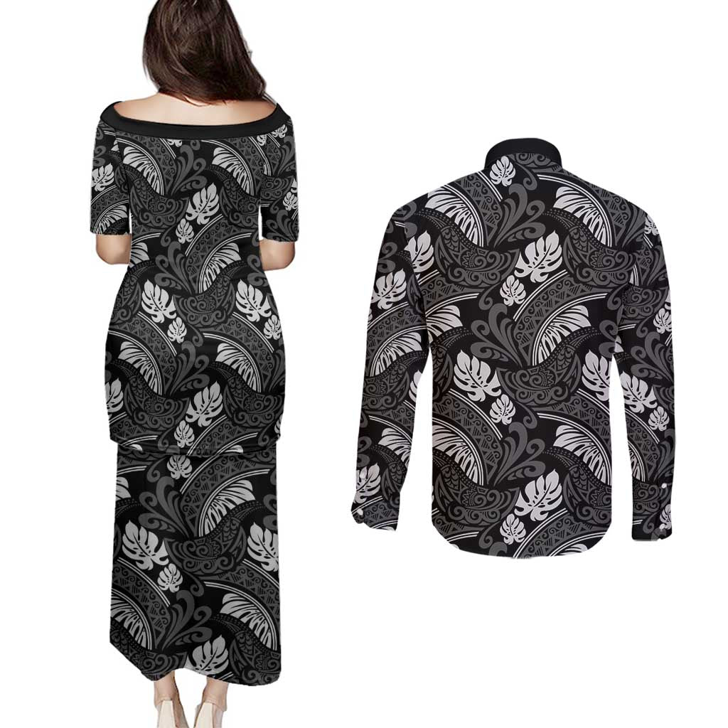 Grayscale Monstera Couples Matching Puletasi and Long Sleeve Button Shirt Polynesian Tribal Pattern - Polynesian Pride