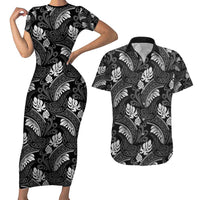 Grayscale Monstera Couples Matching Short Sleeve Bodycon Dress and Hawaiian Shirt Polynesian Tribal Pattern - Polynesian Pride