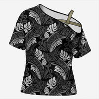 Grayscale Monstera Cross Shoulder Shirt Polynesian Tribal Pattern - Polynesian Pride
