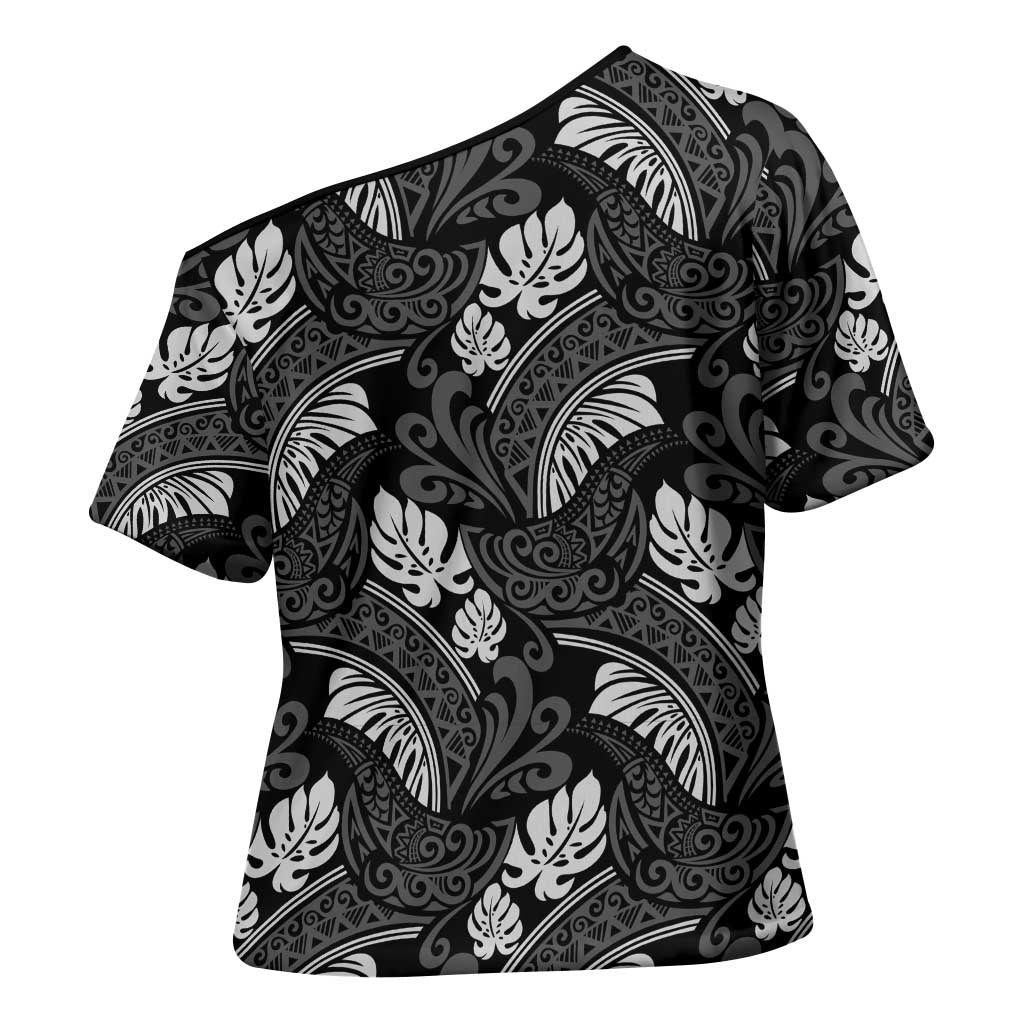 Grayscale Monstera Cross Shoulder Shirt Polynesian Tribal Pattern - Polynesian Pride