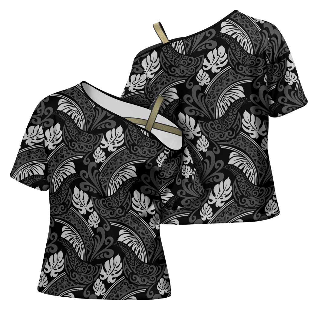 Grayscale Monstera Cross Shoulder Shirt Polynesian Tribal Pattern - Polynesian Pride