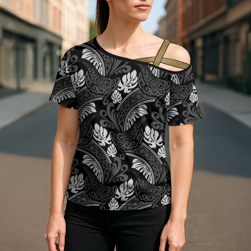Grayscale Monstera Cross Shoulder Shirt Polynesian Tribal Pattern - Polynesian Pride