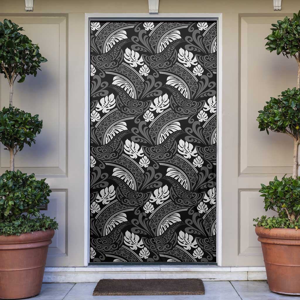 Grayscale Monstera Door Cover Polynesian Tribal Pattern - Polynesian Pride