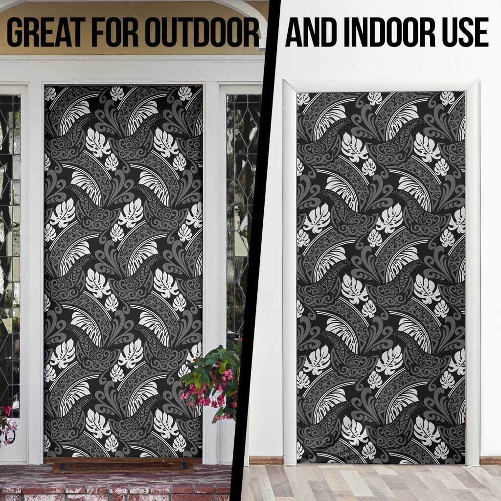 Grayscale Monstera Door Cover Polynesian Tribal Pattern - Polynesian Pride