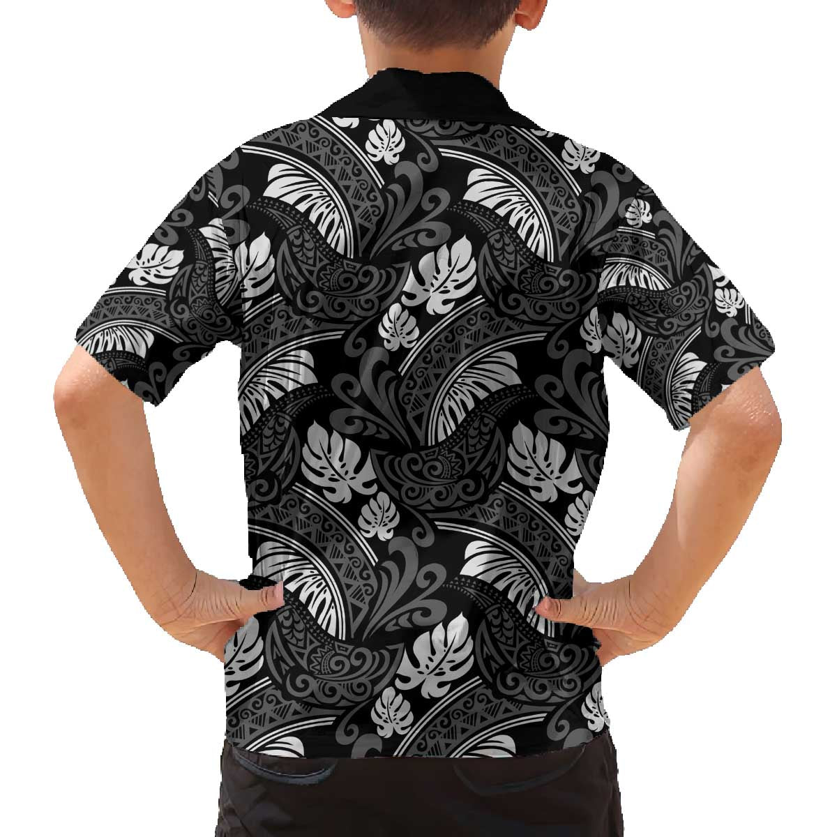 Grayscale Monstera Family Matching Off The Shoulder Long Sleeve Dress and Hawaiian Shirt Polynesian Tribal Pattern - Polynesian Pride