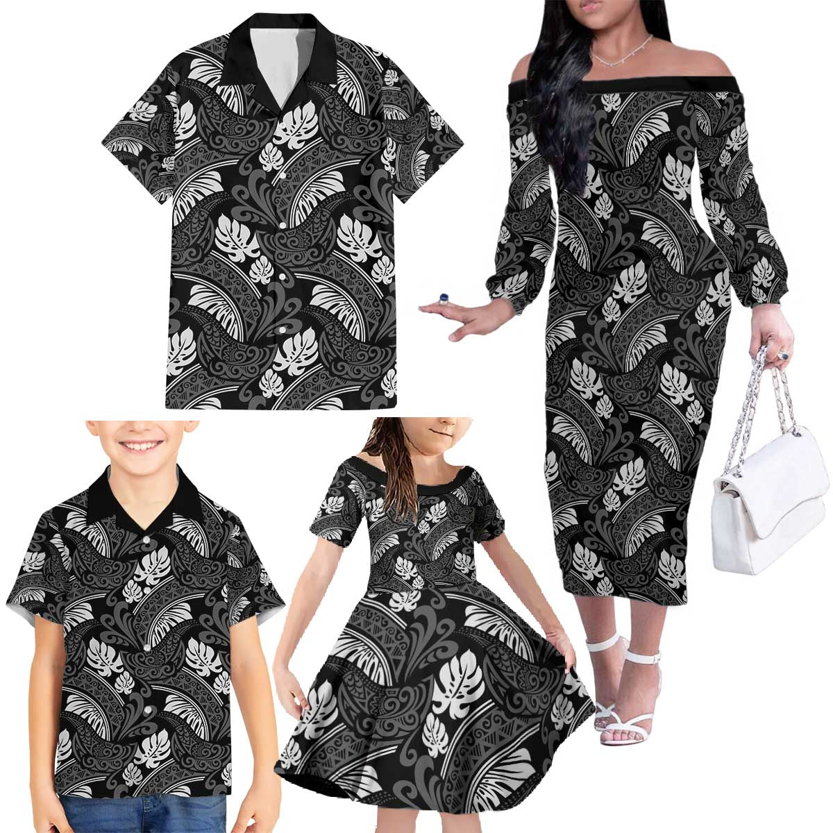 Grayscale Monstera Family Matching Off The Shoulder Long Sleeve Dress and Hawaiian Shirt Polynesian Tribal Pattern - Polynesian Pride