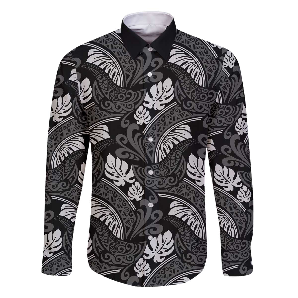 Grayscale Monstera Family Matching Off The Shoulder Long Sleeve Dress and Hawaiian Shirt Polynesian Tribal Pattern - Polynesian Pride