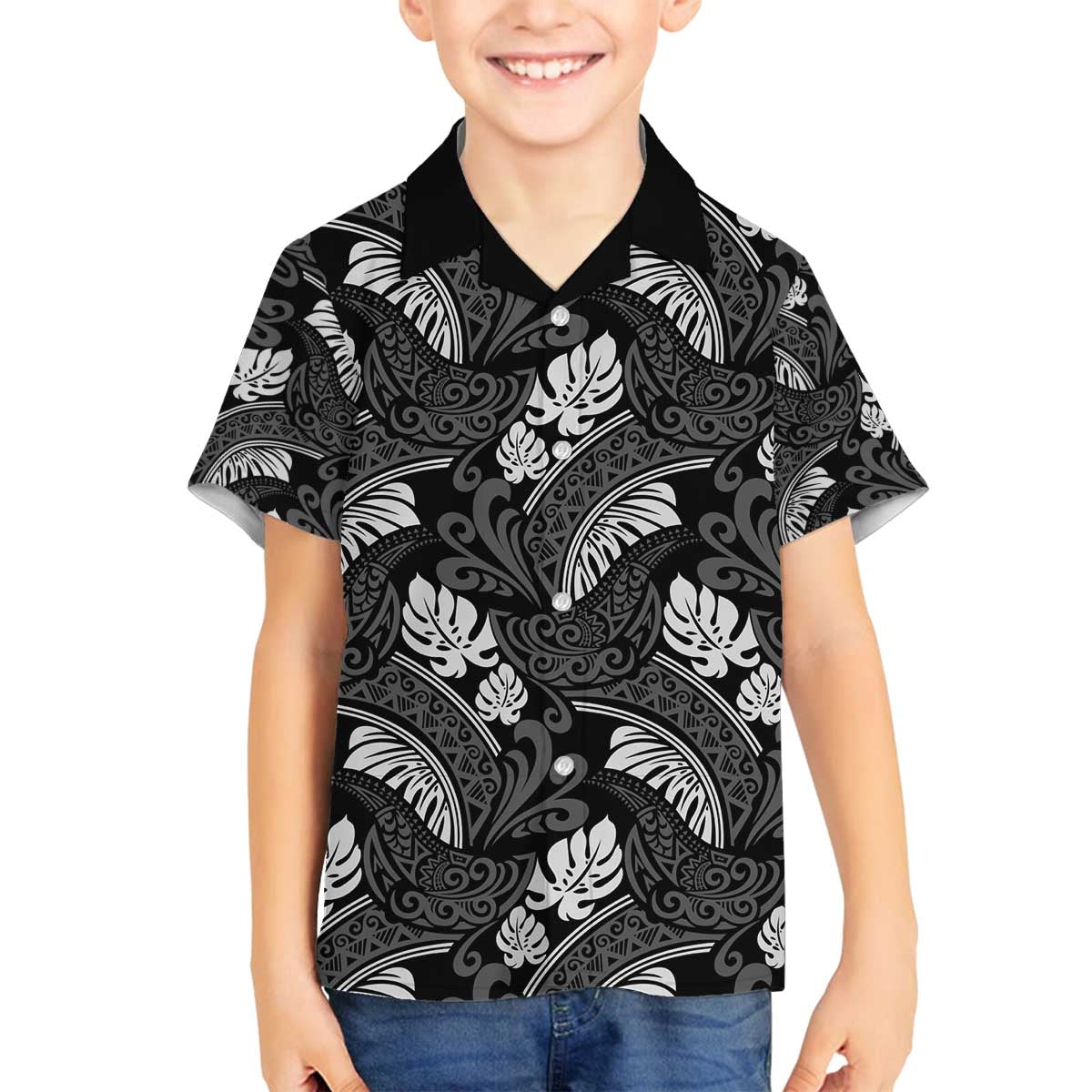 Grayscale Monstera Family Matching Off The Shoulder Long Sleeve Dress and Hawaiian Shirt Polynesian Tribal Pattern - Polynesian Pride
