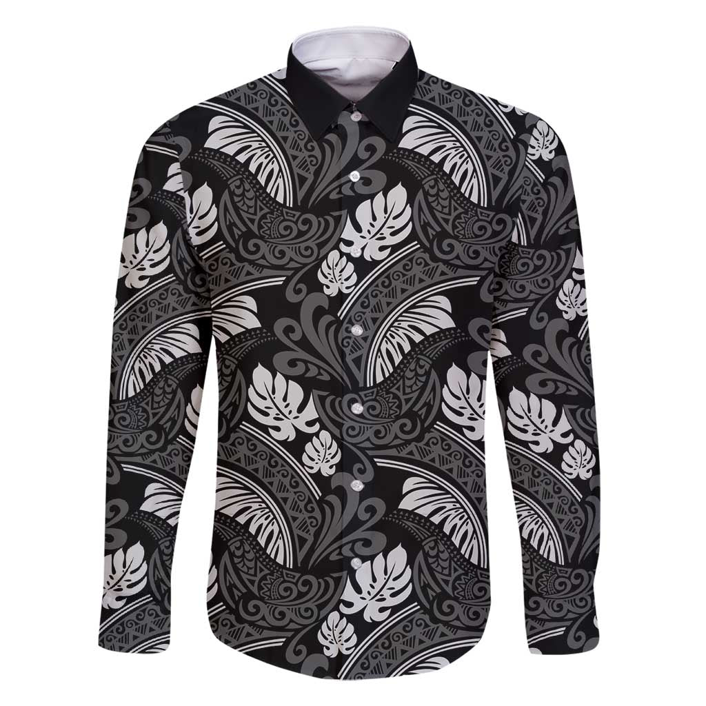 Grayscale Monstera Family Matching Off Shoulder Maxi Dress and Hawaiian Shirt Polynesian Tribal Pattern - Polynesian Pride