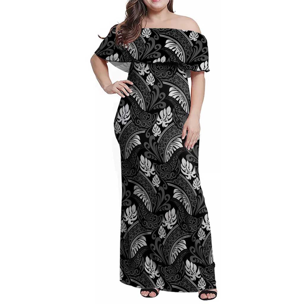 Grayscale Monstera Family Matching Off Shoulder Maxi Dress and Hawaiian Shirt Polynesian Tribal Pattern - Polynesian Pride