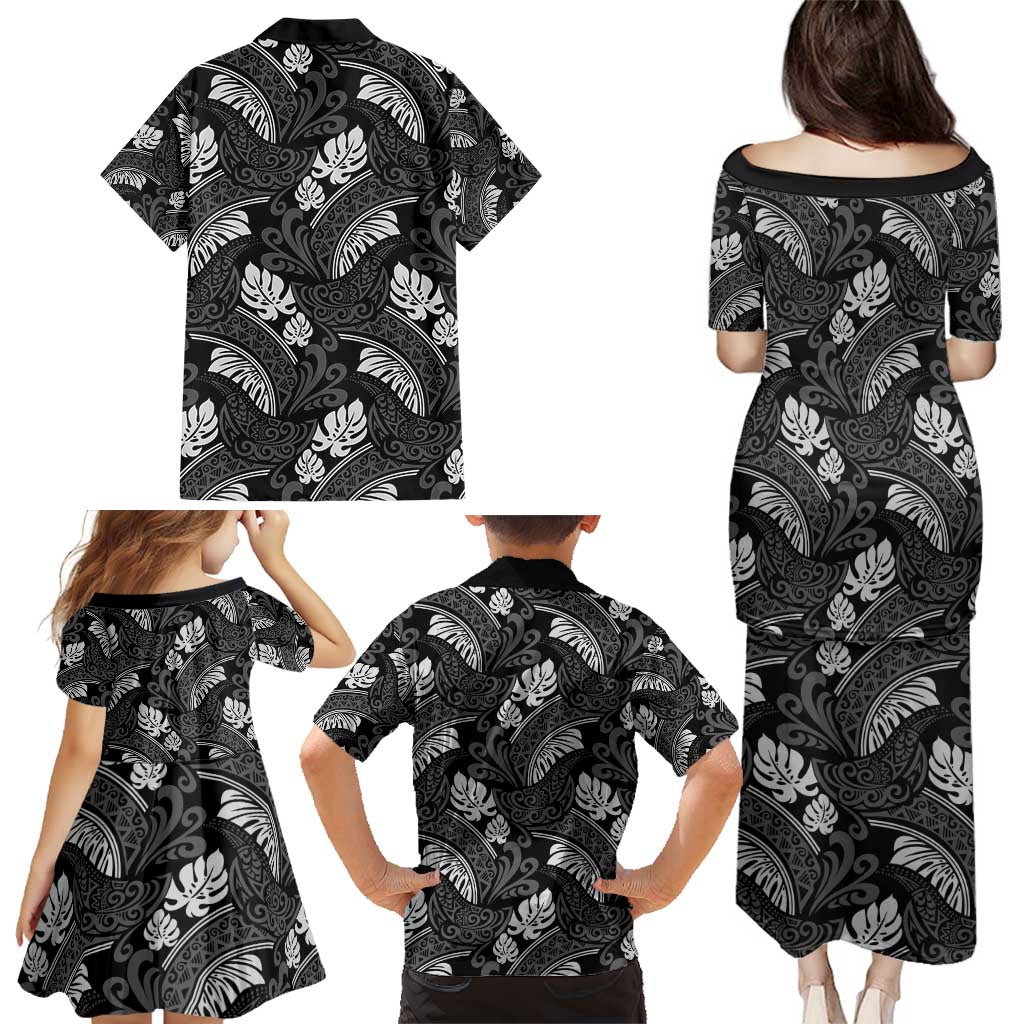 Grayscale Monstera Family Matching Puletasi and Hawaiian Shirt Polynesian Tribal Pattern - Polynesian Pride