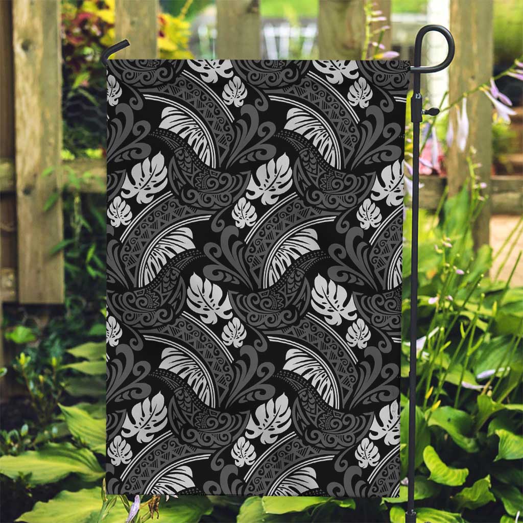Grayscale Monstera Garden Flag Polynesian Tribal Pattern - Polynesian Pride