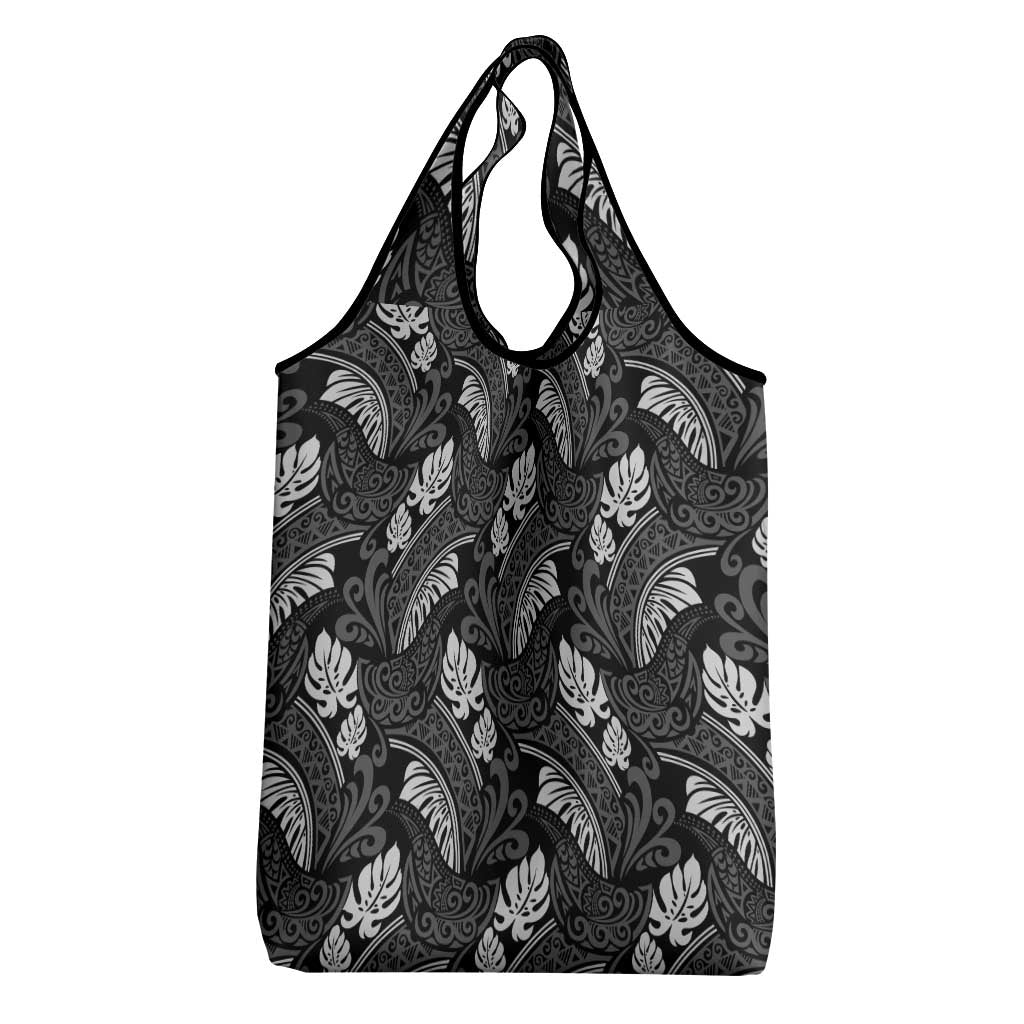 Grayscale Monstera Grocery Bag Polynesian Tribal Pattern - Polynesian Pride