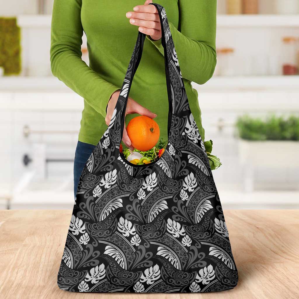 Grayscale Monstera Grocery Bag Polynesian Tribal Pattern - Polynesian Pride