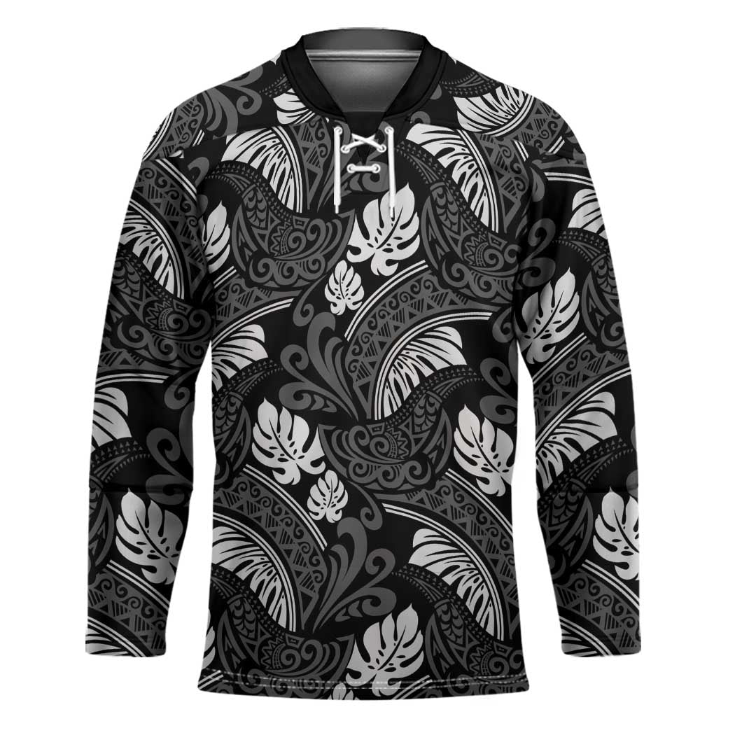 Grayscale Monstera Hockey Jersey Polynesian Tribal Pattern - Polynesian Pride