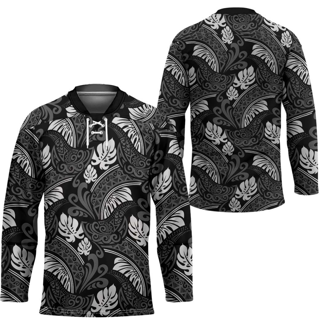 Grayscale Monstera Hockey Jersey Polynesian Tribal Pattern - Polynesian Pride