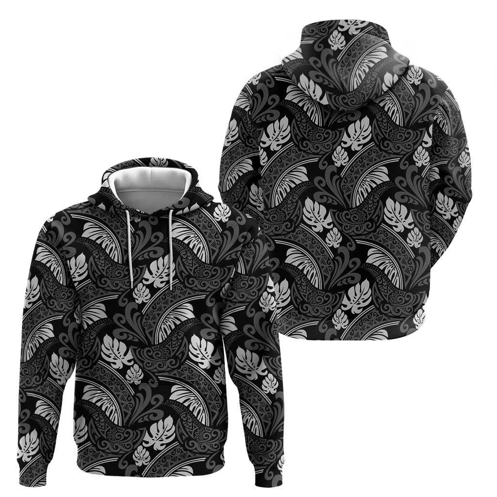 Grayscale Monstera Hoodie Polynesian Tribal Pattern - Polynesian Pride
