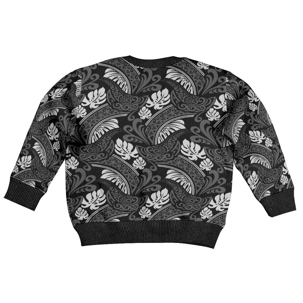 Grayscale Monstera Kid Ugly Christmas Sweater Polynesian Tribal Pattern - Polynesian Pride