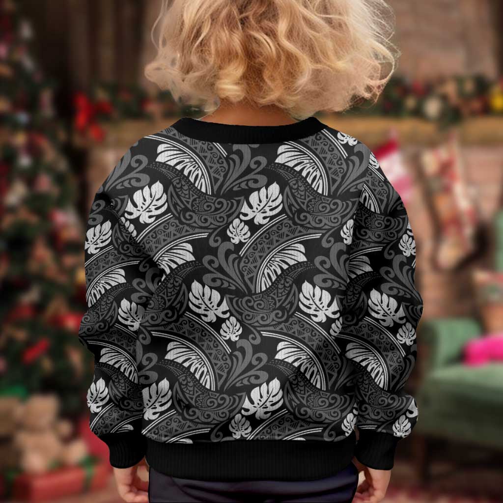 Grayscale Monstera Kid Ugly Christmas Sweater Polynesian Tribal Pattern - Polynesian Pride