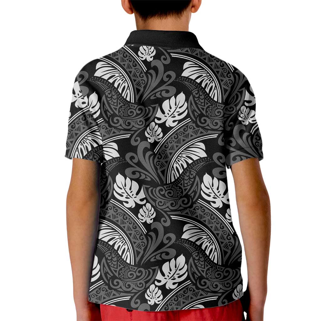 Grayscale Monstera Kid Polo Shirt Polynesian Tribal Pattern - Polynesian Pride