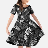 Grayscale Monstera Kid Short Sleeve Dress Polynesian Tribal Pattern - Polynesian Pride