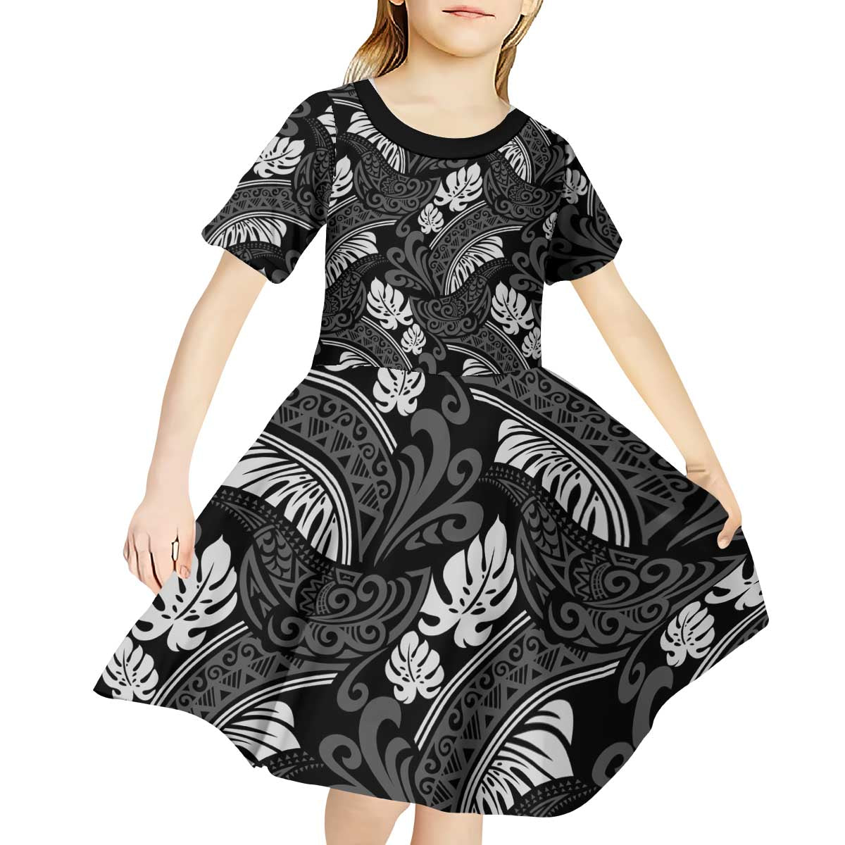 Grayscale Monstera Kid Short Sleeve Dress Polynesian Tribal Pattern - Polynesian Pride