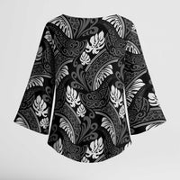 Grayscale Monstera Kimono Sleeve Blouse Polynesian Tribal Pattern - Polynesian Pride