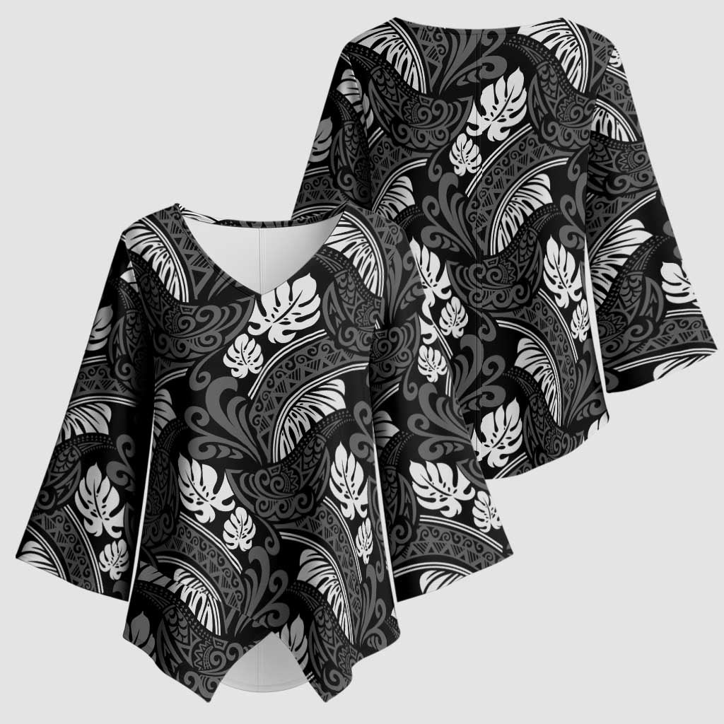 Grayscale Monstera Kimono Sleeve Blouse Polynesian Tribal Pattern - Polynesian Pride
