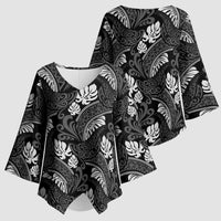 Grayscale Monstera Kimono Sleeve Blouse Polynesian Tribal Pattern - Polynesian Pride
