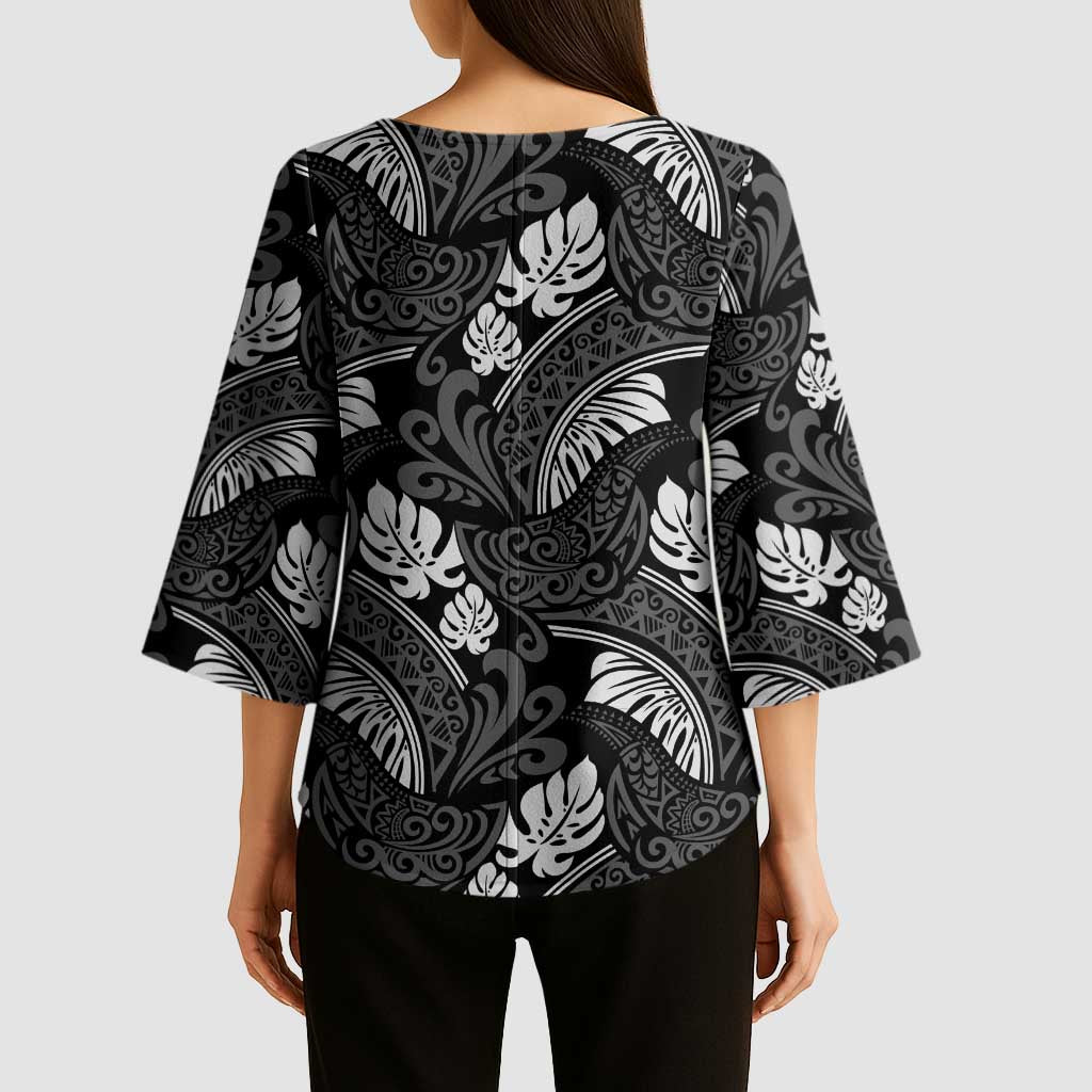 Grayscale Monstera Kimono Sleeve Blouse Polynesian Tribal Pattern - Polynesian Pride