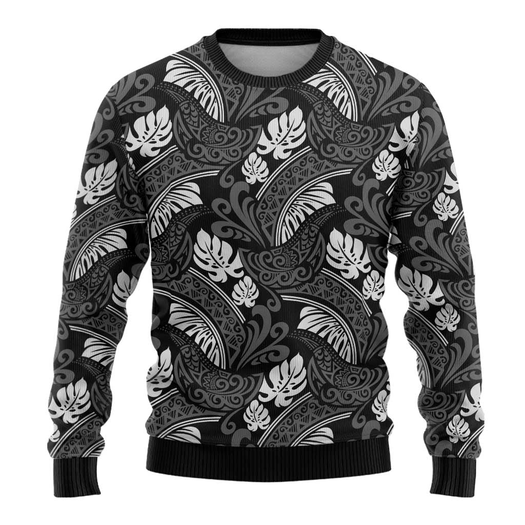 Grayscale Monstera Ugly Christmas Sweater Polynesian Tribal Pattern - Polynesian Pride
