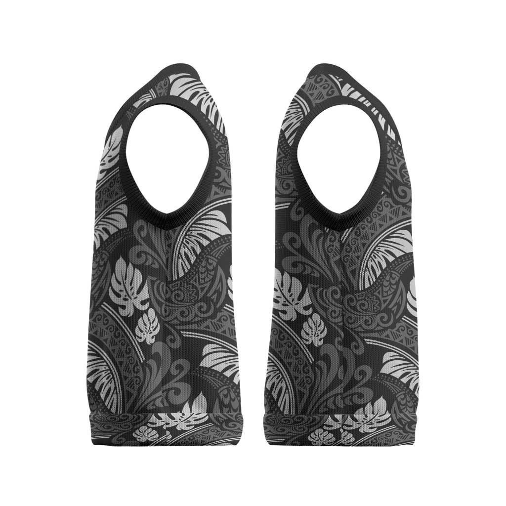 Grayscale Monstera Christmas Knitted V-Neck Vest Polynesian Tribal Pattern - Polynesian Pride