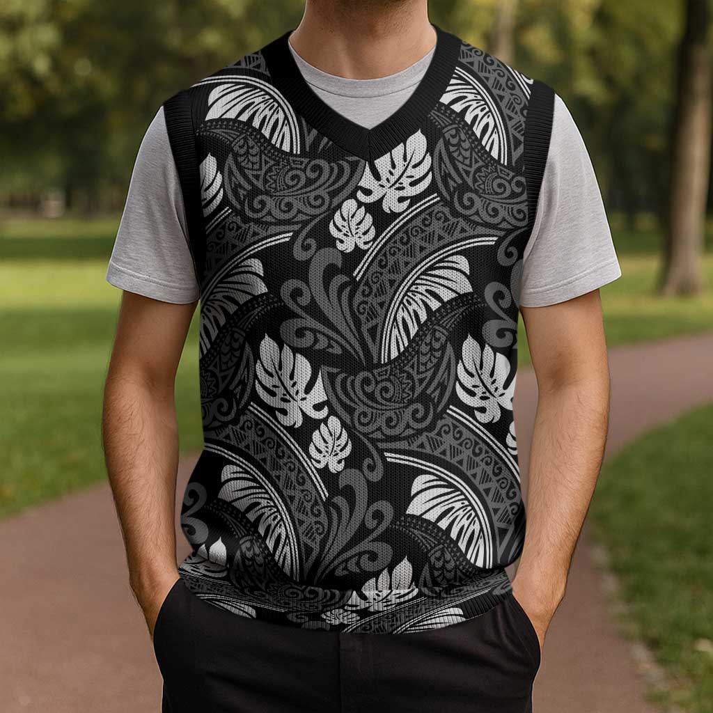 Grayscale Monstera Christmas Knitted V-Neck Vest Polynesian Tribal Pattern - Polynesian Pride