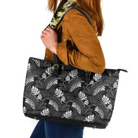 Grayscale Monstera Leather Tote Bag Polynesian Tribal Pattern - Polynesian Pride