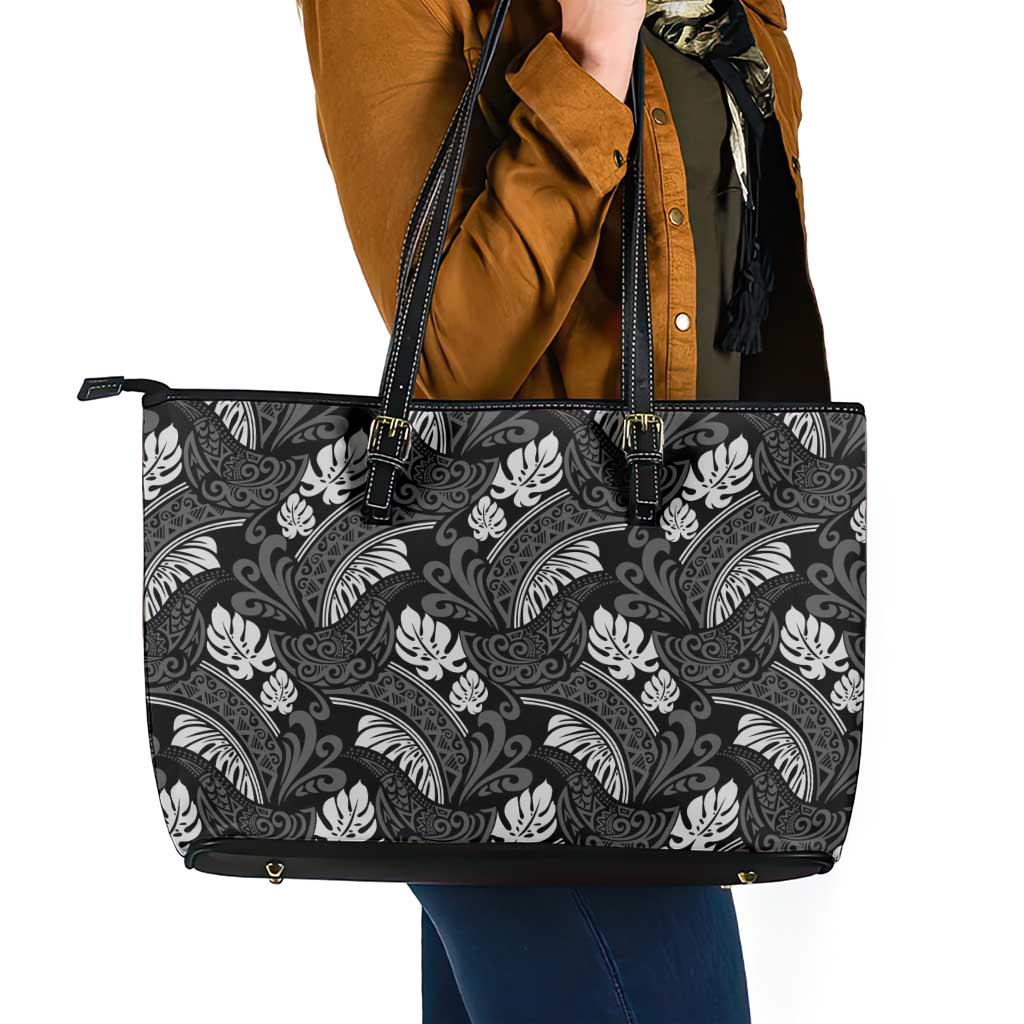 Grayscale Monstera Leather Tote Bag Polynesian Tribal Pattern - Polynesian Pride