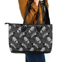 Grayscale Monstera Leather Tote Bag Polynesian Tribal Pattern - Polynesian Pride