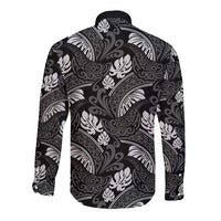 Grayscale Monstera Long Sleeve Button Shirt Polynesian Tribal Pattern - Polynesian Pride