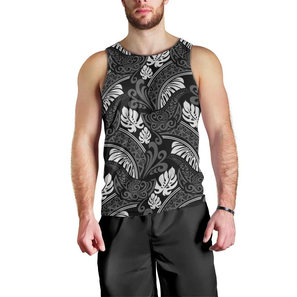 Grayscale Monstera Men Tank Top Polynesian Tribal Pattern - Polynesian Pride