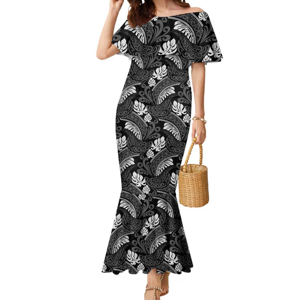 Grayscale Monstera Mermaid Dress Polynesian Tribal Pattern