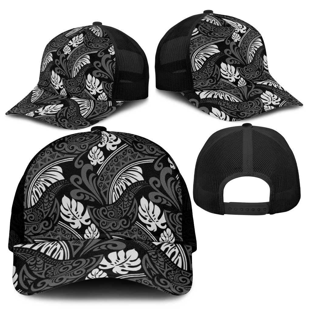 Grayscale Monstera Mesh Trucker Cap Polynesian Tribal Pattern - Polynesian Pride