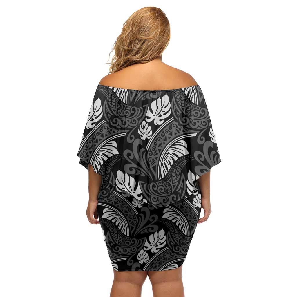 Grayscale Monstera Off Shoulder Short Dress Polynesian Tribal Pattern - Polynesian Pride