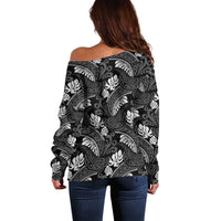 Grayscale Monstera Off Shoulder Sweater Polynesian Tribal Pattern - Polynesian Pride
