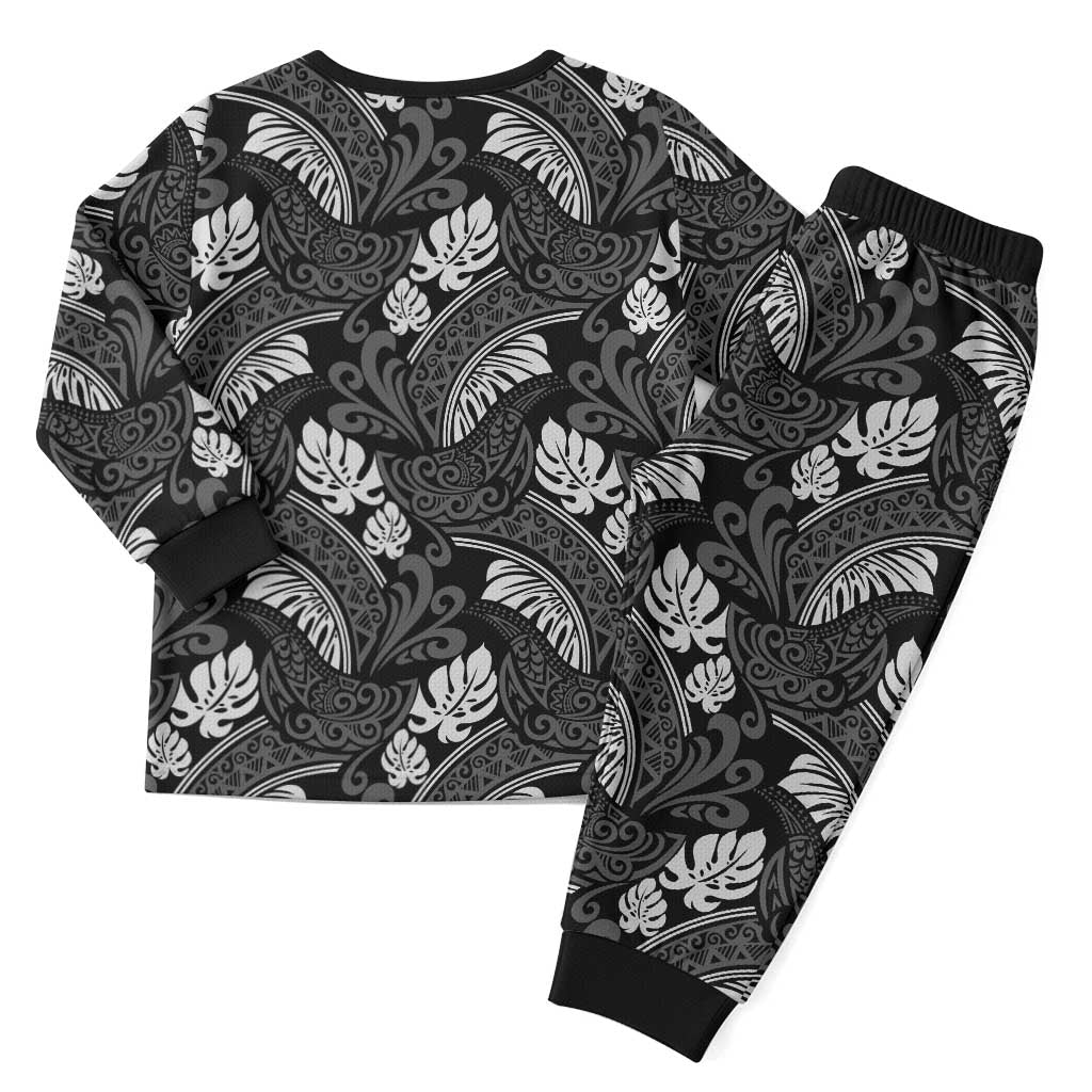 Grayscale Monstera Christmas Pajama Set Polynesian Tribal Pattern - Polynesian Pride