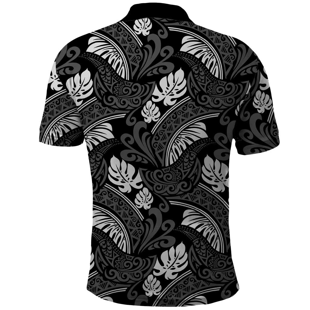 Grayscale Monstera Polo Shirt Polynesian Tribal Pattern - Polynesian Pride