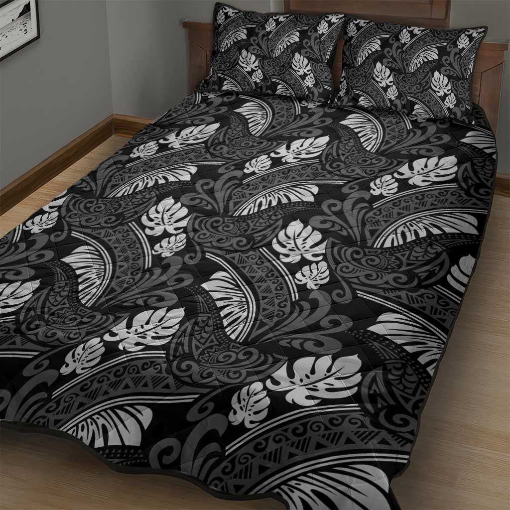 Grayscale Monstera Quilt Bed Set Polynesian Tribal Pattern - Polynesian Pride